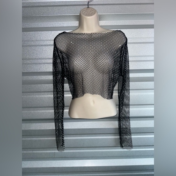 Mesh Black Sequin Long Sleeve Festival Top One Size - Picture 3 of 11